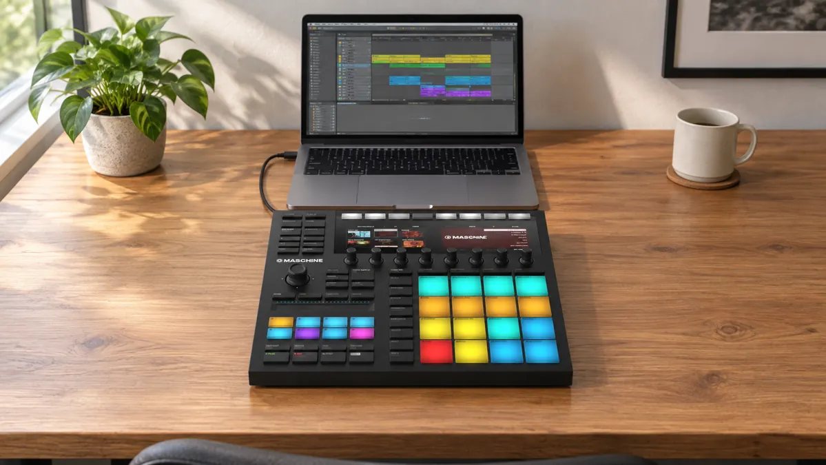 使用イメージ:ノートパソコン前にMASCHINE MK3を置いたDTMデスクと前後の作業スペース