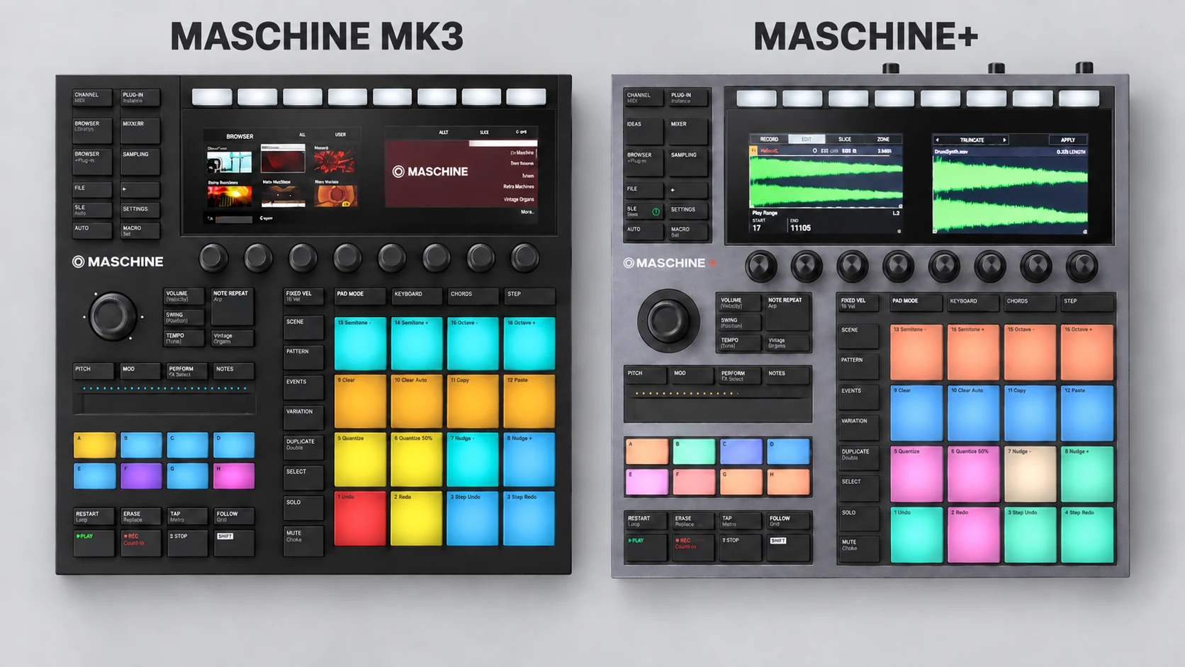 MASCHINE MK3とMASCHINE+を真上から並べた比較イメージ