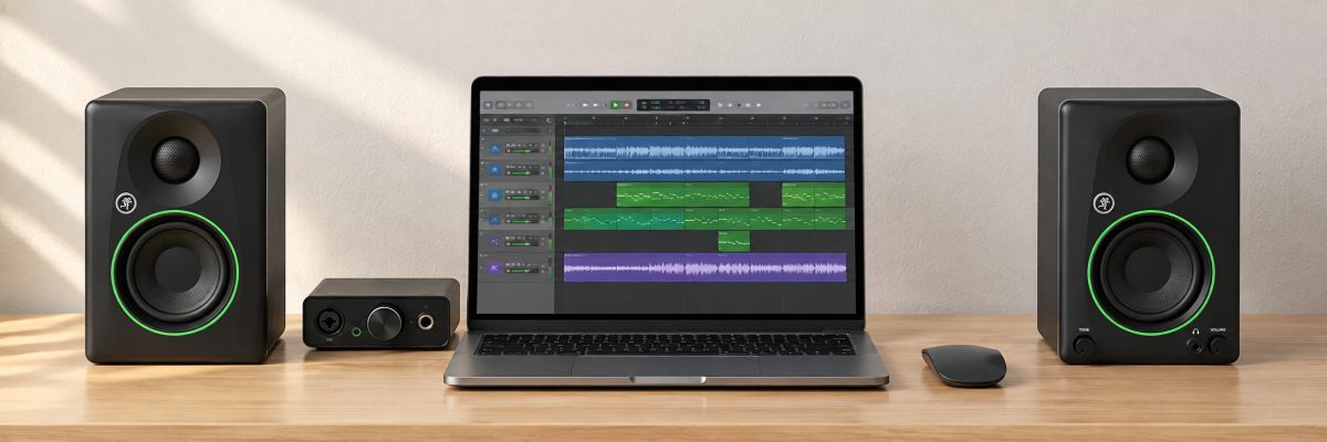 Mackie CR3.5をパソコンの左右に置いた使用イメージ