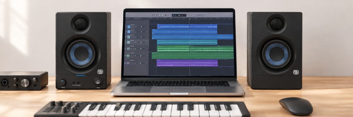 PreSonus Eris 3.5をパソコンの左右に置いた使用イメージ