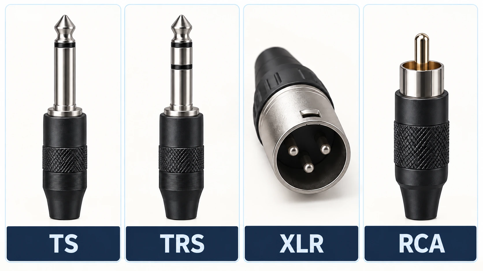 TS・TRS・XLR・RCAの代表的な端子を比べる説明図