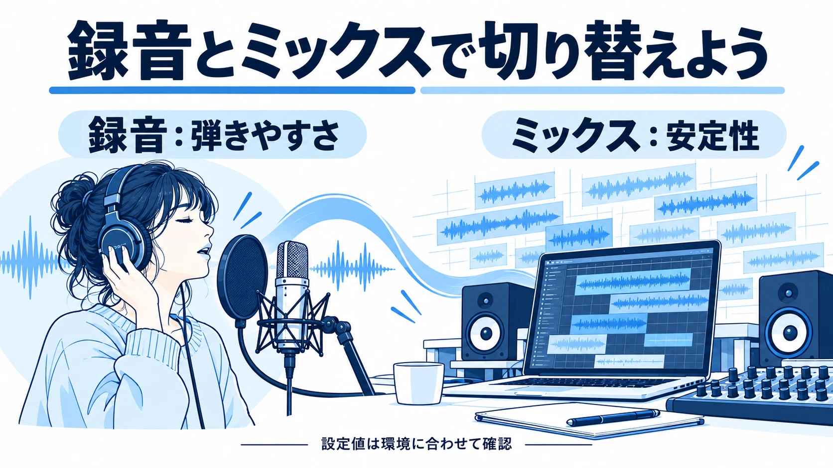 録音は弾きやすさ、ミックスは安定性を優先して設定を切り替える図