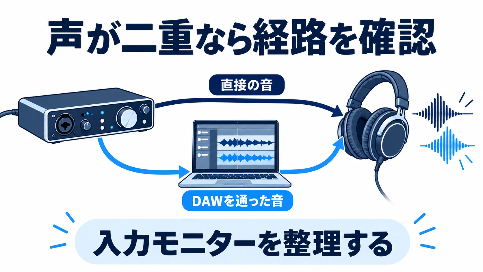 直接音とDAW経由の音が二重に届く経路の概念図