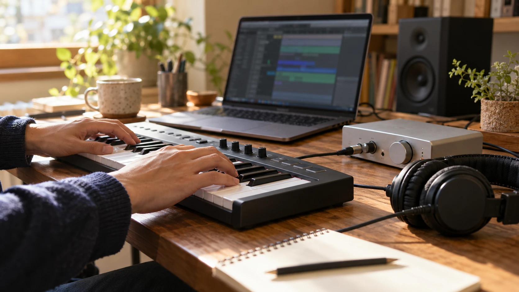 MIDI鍵盤と有線ヘッドホンを置いた自宅録音デスクの生成イメージ