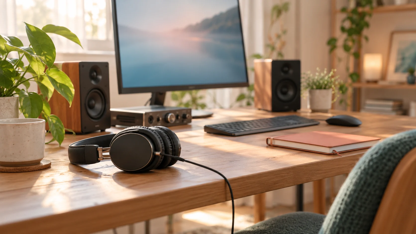 自宅の制作机でヘッドホンとスピーカーを使い音を確認する生成イメージ