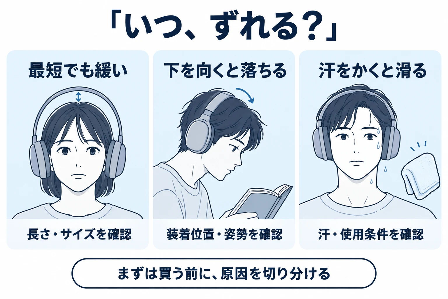 最短でも緩い、下を向くと落ちる、汗で滑るの3つに分けて確認する図