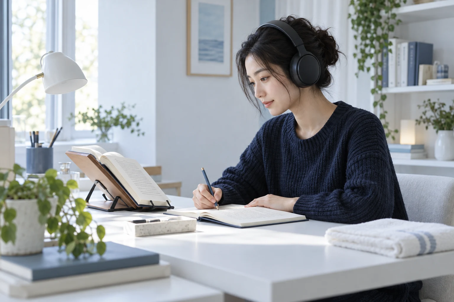 本をスタンドに置いてヘッドホンを使う、勉強環境のイメージ