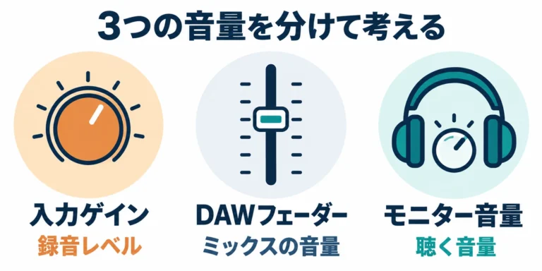 入力ゲインは録音、DAWフェーダーはミックス、ヘッドホン音量は聴く大きさを調整する3つの操作点