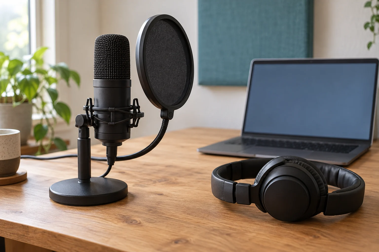 マイクとポップガード、ヘッドホン、ノートパソコンを木製デスクに並べた録音環境のイメージ画像(AI生成)
