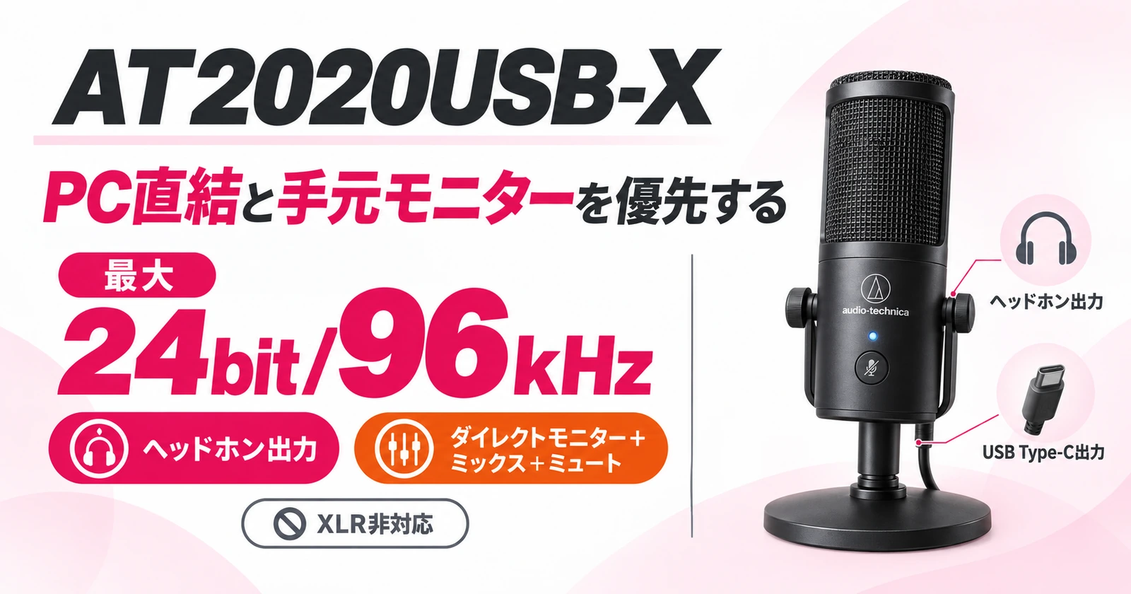 AT2020USB-Xの手元モニターとミックス操作