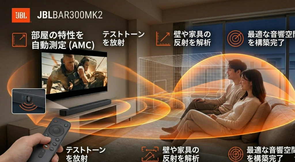 テストトーンと壁・家具の反射から音響空間を測定するイメージ