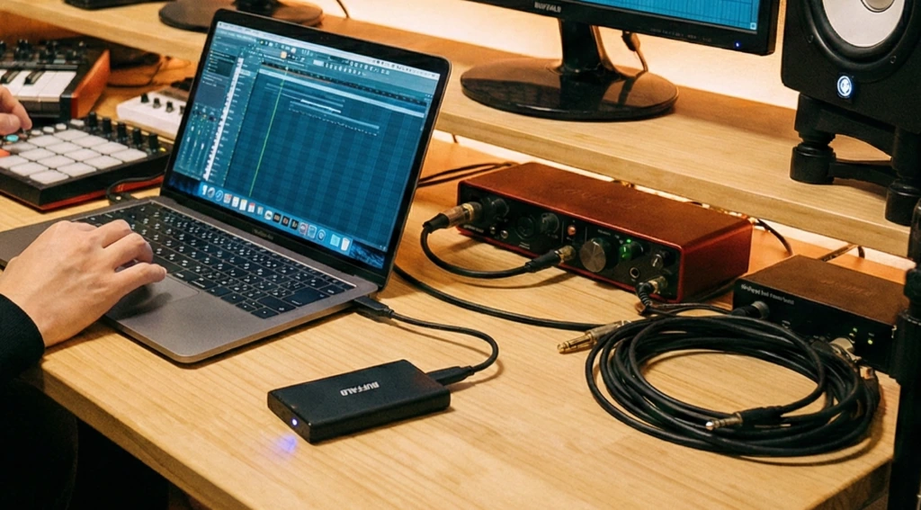 ノートパソコンに外付けSSDを接続した音楽制作環境