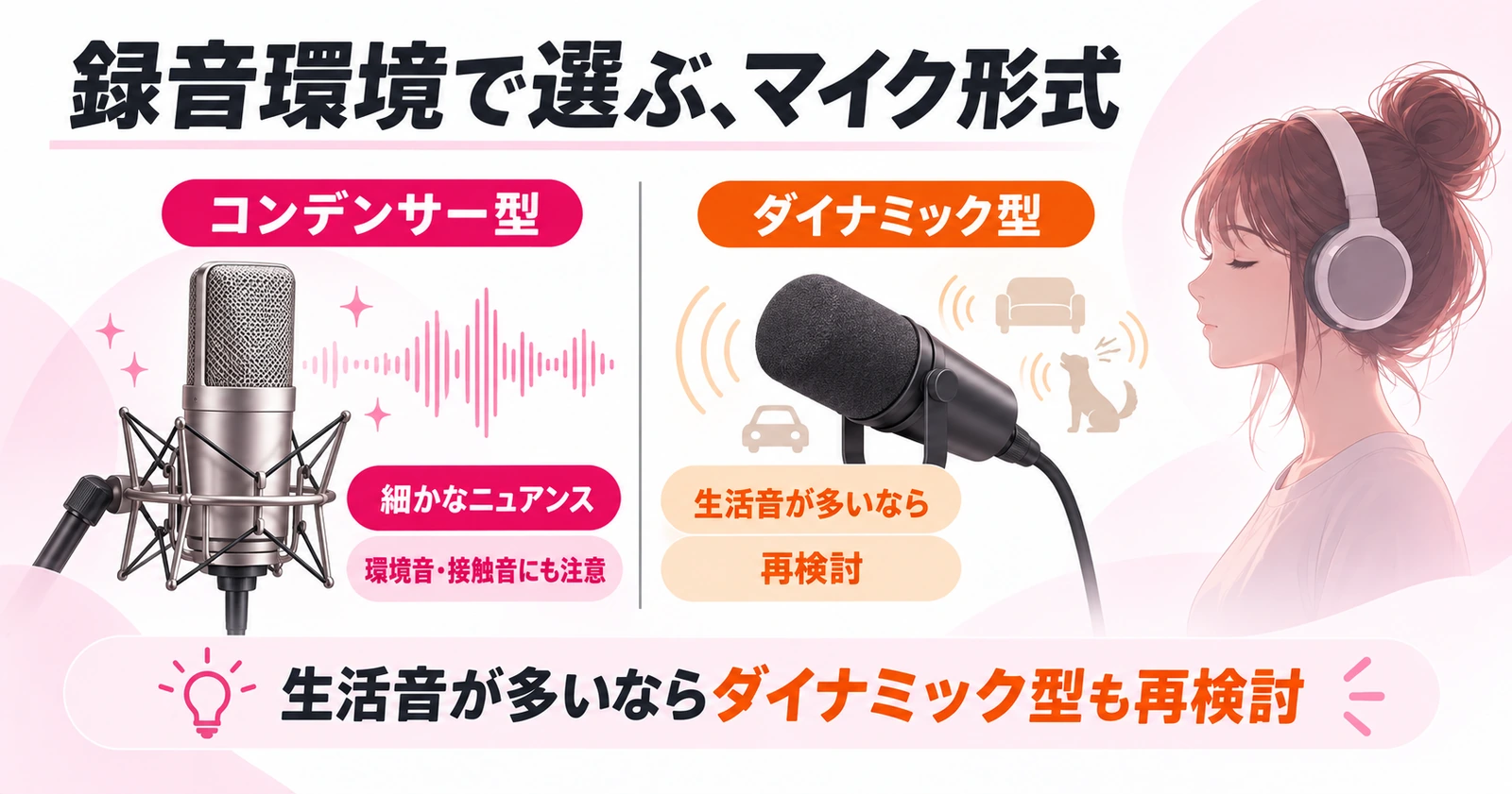 コンデンサーマイクとダイナミックマイクの環境別比較