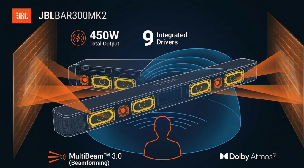 JBL BAR 300MK2のスピーカー配置と音の広がりを示す図