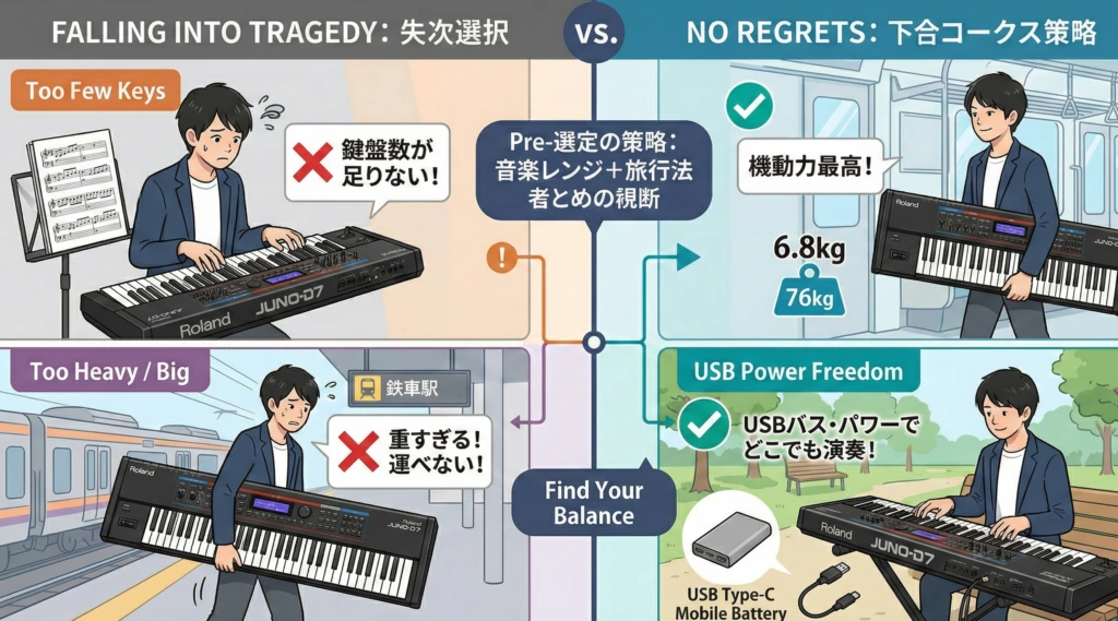 鍵盤数と持ち運びやすさのバランスを比較するイラスト