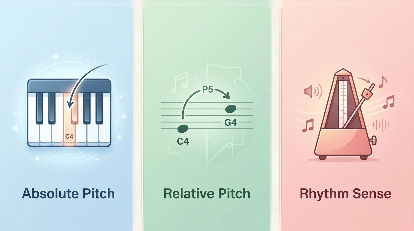 絶対音感を鍵盤、相対音感を音程、リズム感をメトロノームで示す図