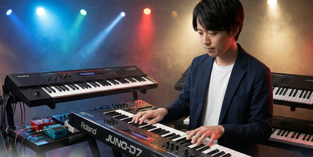 ステージでシンセサイザーを演奏するイメージ