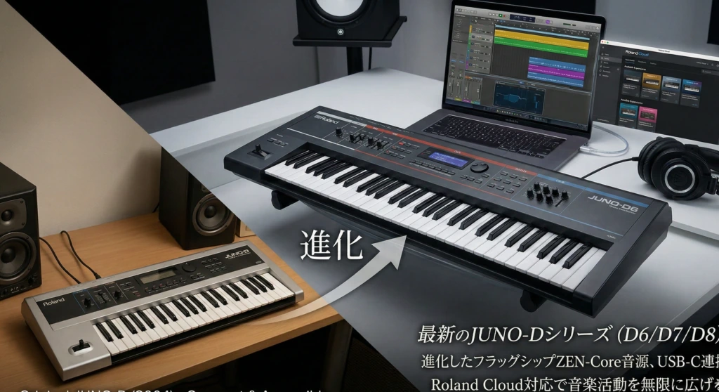 旧機種から最新JUNO-Dシリーズへの進化を表したイメージ