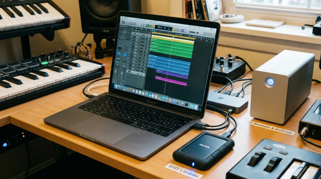 ノートパソコンとMIDIキーボードを配置した音楽制作環境