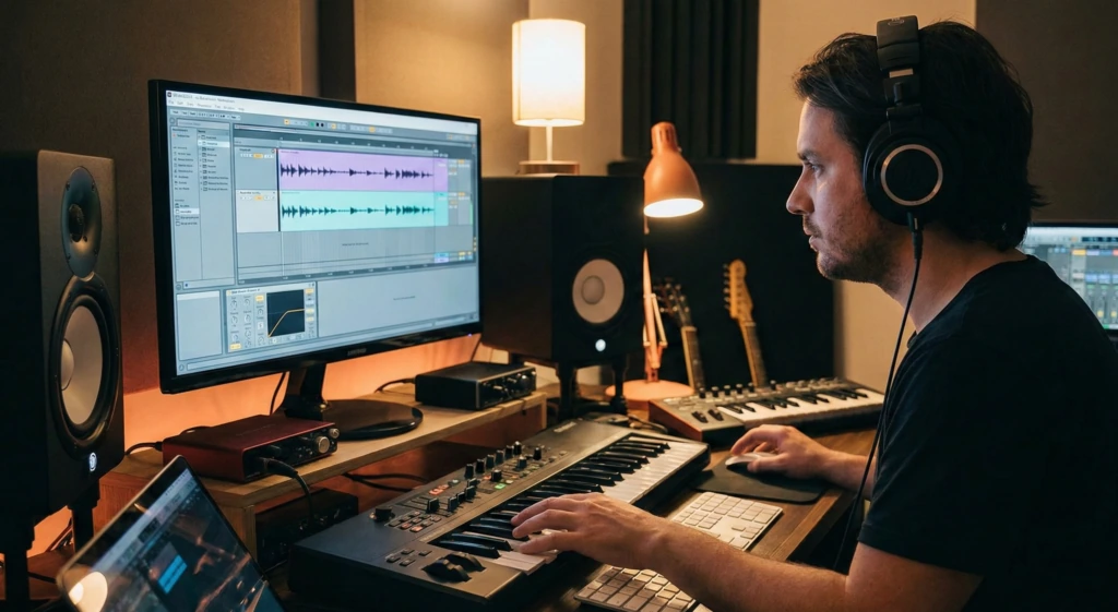 ヘッドホンを着けてDAWと鍵盤で音楽を制作するイメージ