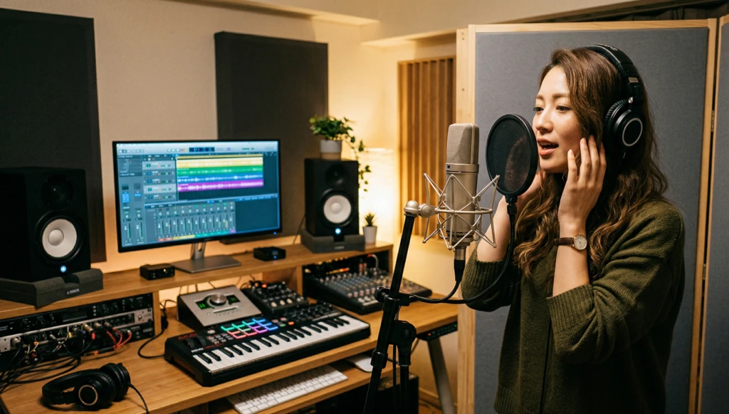 自宅スタジオでマイクに向かって歌うボーカル録音のイメージ