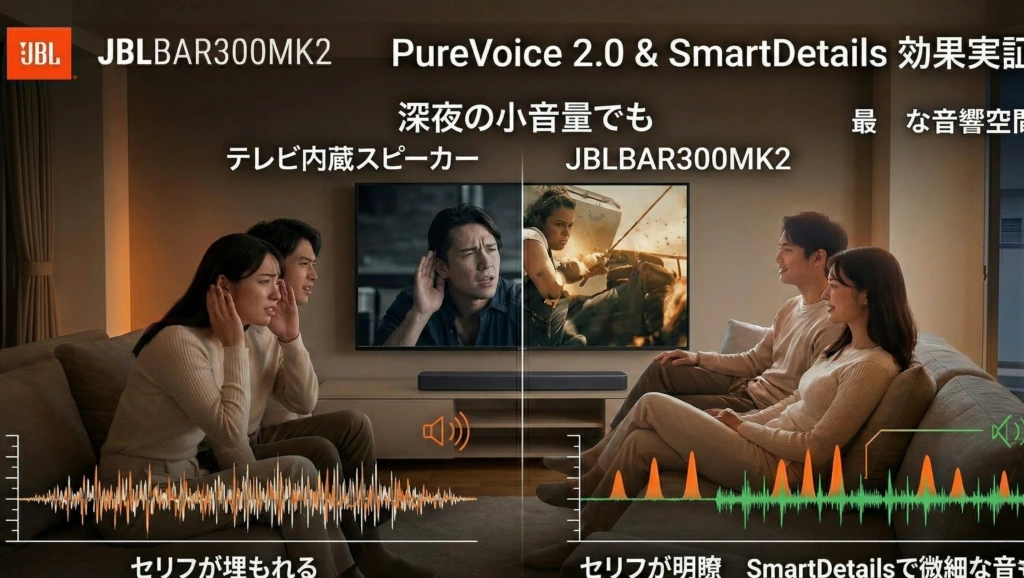 テレビ内蔵スピーカーとJBL BAR 300MK2の小音量時の音声を比較するイメージ