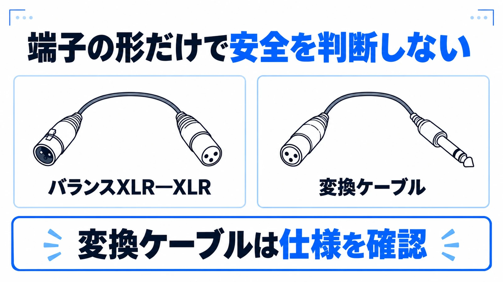 XLR-XLR接続と変換ケーブルを分け、端子の形だけで通電の安全性を判断しないことを示す図