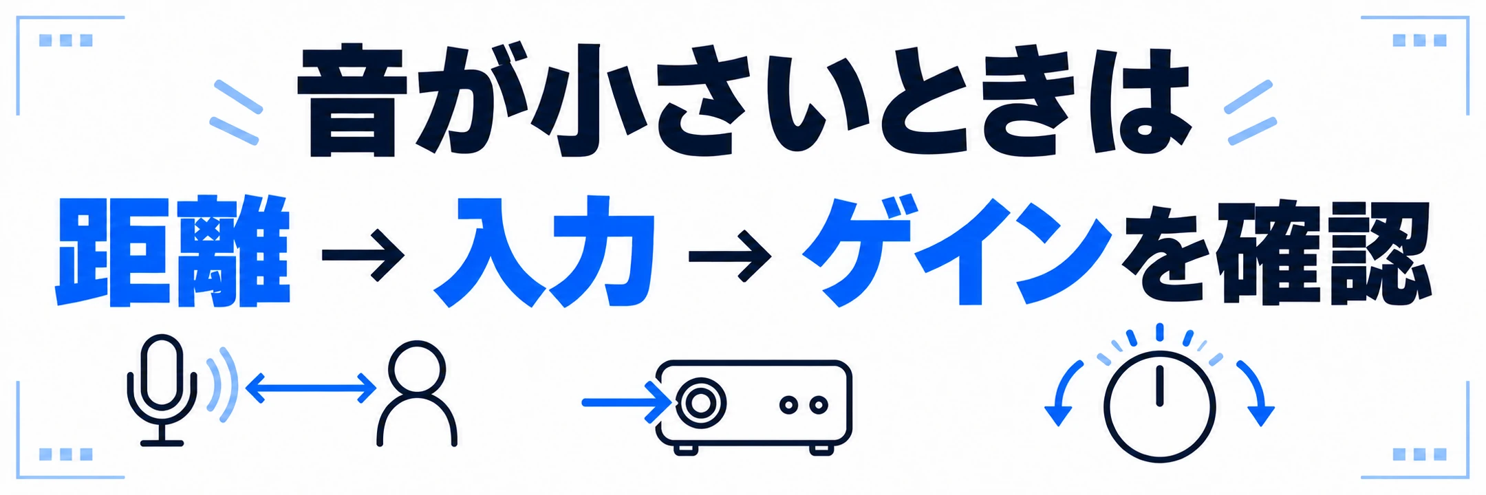 音が小さいときは距離、入力、ゲインを順番に確認するという案内
