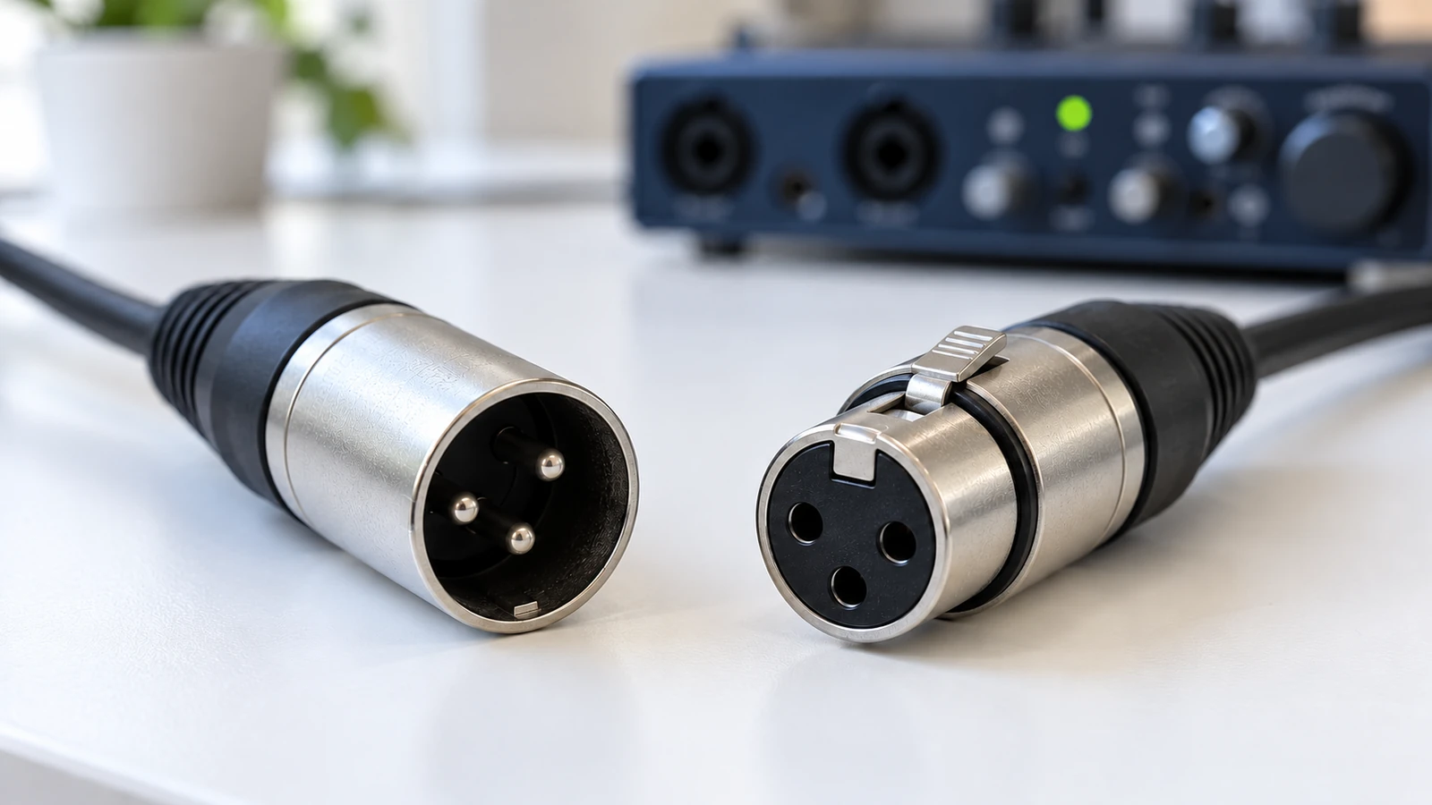 接続前のXLRコネクターと録音機器を机に置いたイメージ