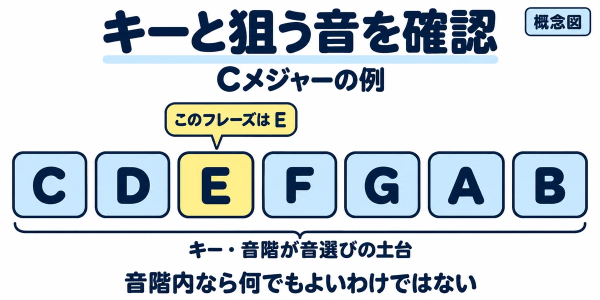 Cメジャーの7音のうち、このフレーズで狙うEを強調した概念図