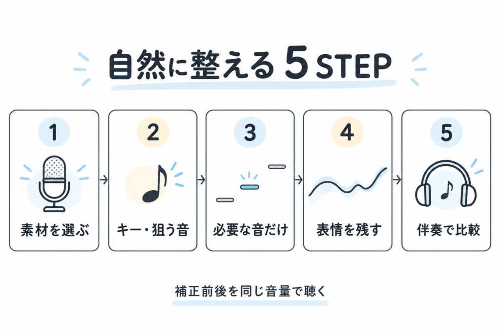 素材選び、キーと狙う音の確認、必要な音の補正、表情の確認、伴奏での比較という5手順