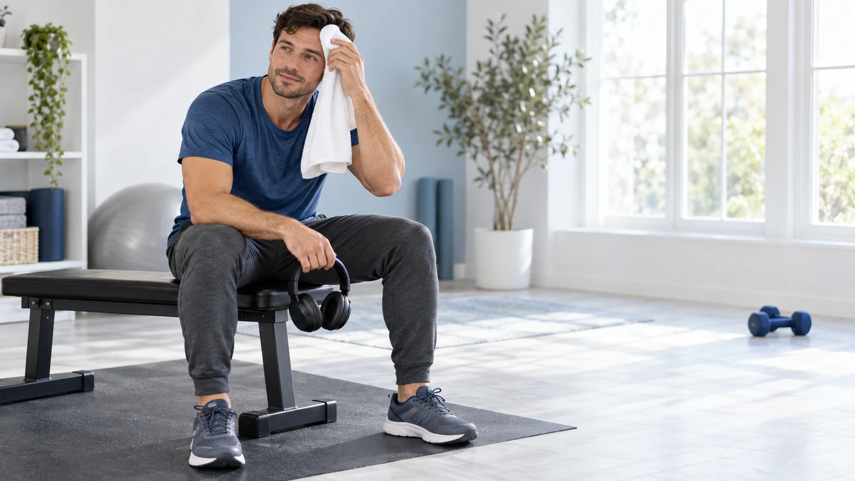 トレーニングを止め、ヘッドホンを外してタオルで汗を拭く休憩場面のイメージ