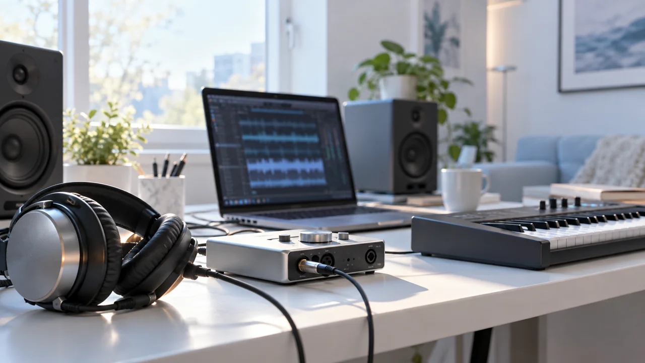明るい部屋にオーディオインターフェースとヘッドホンを置いた制作環境のイメージ